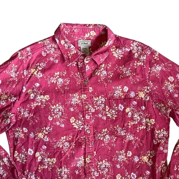 L.L. Bean Women’s Sz M Red Corduroy Floral Button Down Shirt Casual Cottagecore - Picture 2 of 12